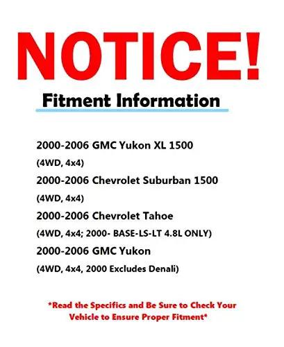 Notice sign with fitment information for GMC Yukon, Chevrolet Suburban, and Tahoe 4WD, 4x4, 2000-2006.