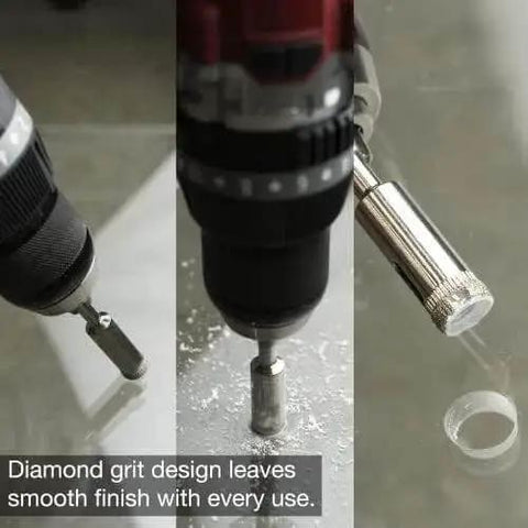 Diamond Hole Saw Set For Glass And Tile By Neiko 00823A Five Piece Diamond Drill Bit Set cutting into glass surface