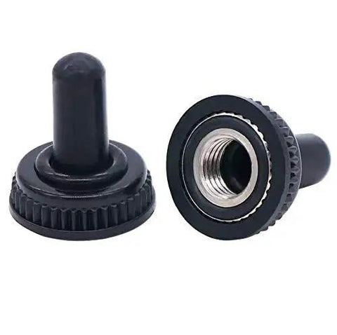 Waterproof cap for Mini Toggle Switch 4PDT 3 Position On Off On with 12 pins, shown in black durable material, front and back view.