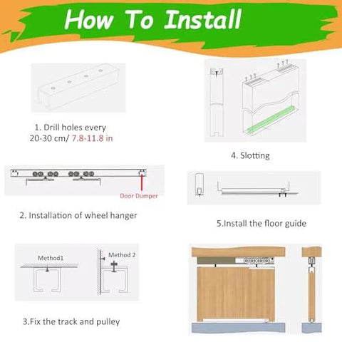 Installation steps for Hidden Track Sliding Barn Door Hardware Kit With Soft Close System Adjustable Ceiling And Wall Mount Cuttable Double Door Rail.