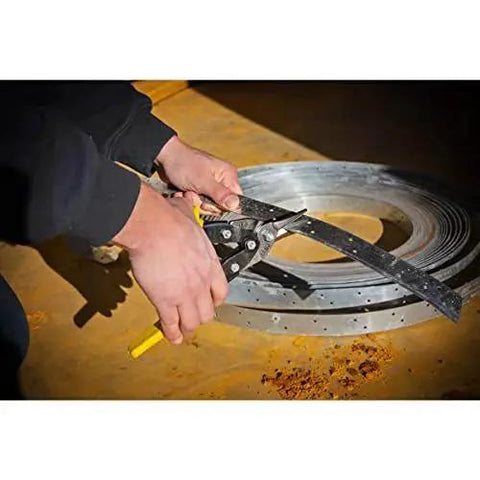 9-3/4 Inch MetalMaster Compound Action Snips For Straight Left And Right Cuts With Yellow Ergonomic Handles in use cutting metal