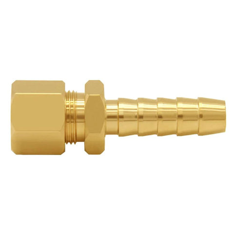 Brass fuel line adapter, 3/8 in compression to 3/8 in hose barb, transmission cooler line fitting, gold finish