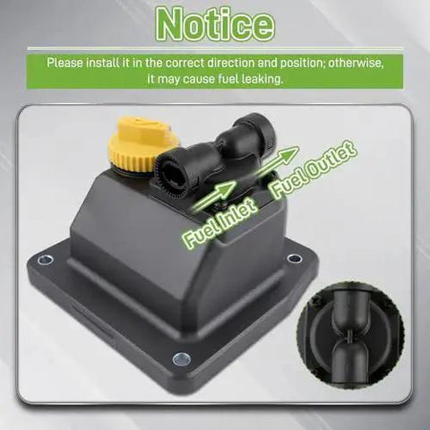 Kohler Fuel Pump Replacement Kit For Generators With CH18 CH19 CH20 CH21 CH22 CH23 CH24 CH25, front view with fuel inlet and outlet.