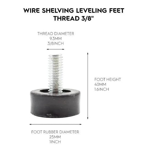Wire shelving leveling foot with 3/8 inch thread, 1 inch rubber base, and 1.6 inch height, part of Eight Pack Three Eighths Inch Thread Leveling Feet Bolts For Furniture Adjustable Legs Chairs Stools Tables Cabinets Cupboards Desks Sofas Shelves Heavy Duty Zinc Plated Steel