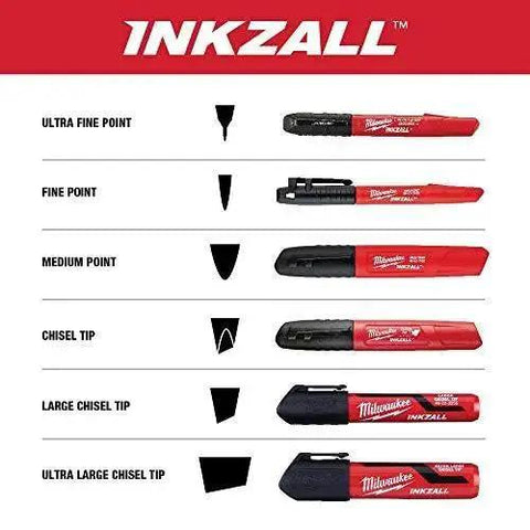 Chart of Inkzall markers showing various tips including ultra fine, fine, medium, chisel, and large chisel with red casing.