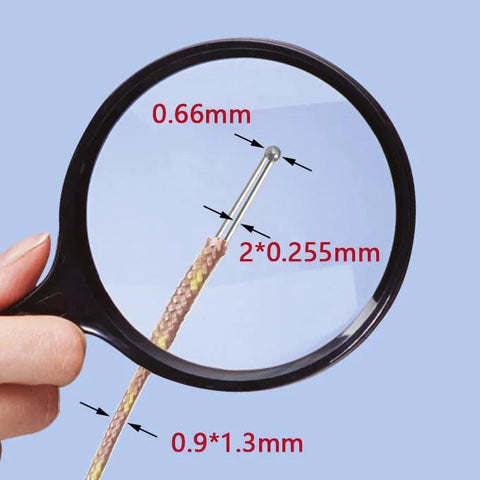 K-type miniature thermocouple probe tip with braided copper wire; magnified view shows 0.66mm sensor rod.