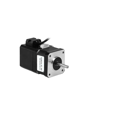 Front view of Huayong NEMA17 stepper motor with black housing and silver faceplate, shaft protruding.
