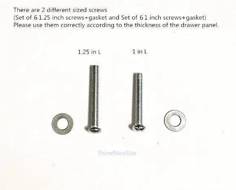 Two different screw lengths for Daisy Design Vintage Resin Drawer Pulls And Cabinet Knobs Hand Painted White, shown with washers.