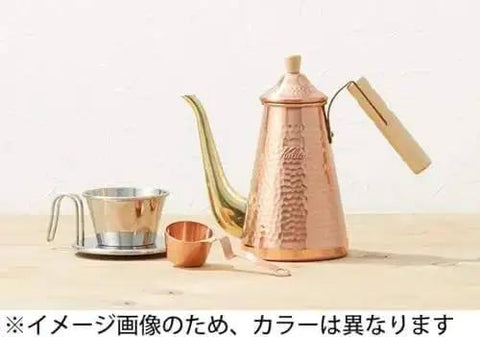 Copper Coffee Dripper TSUBAME WDC-185 For Two To Four Folks with wave filter, handcrafted and polished, alongside a copper kettle
