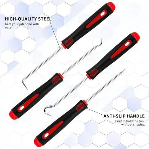 4 Piece Pick And Hook Tool Set For Auto Repair Must Have With 6.5 Inch Length, ergonomic non-slip grips, 135 degree curved hook