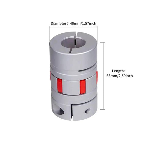 Plum Shaped Flexible Jaw Coupling 14mm To 14mm Bore, 40mm Diameter, 66mm Length, made of aviation aluminum with red TPUR elastomer spider.