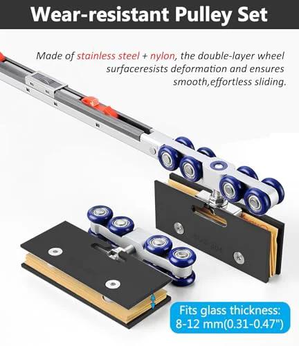 15ft Heavy Duty Sliding Barn Door Track Kit With Soft Close Hardware showing stainless steel pulley set for glass doors.