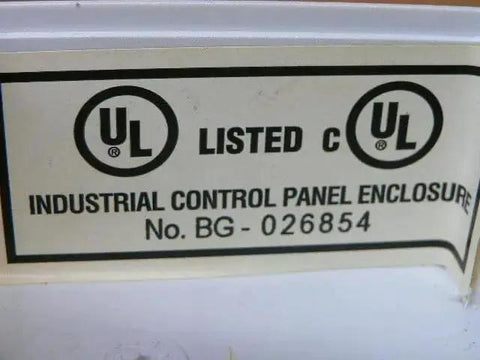 Label on Industrial Control Panel Enclosure, Used But Fully Functional, Rugged Metal Cabinet For Industrial Automation And Electrical Wiring