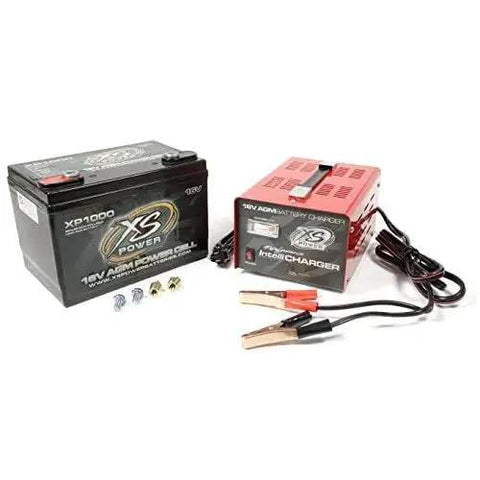 Front view of XP1000CK2 16V Battery And 16V IntelliCharger Combo With Stud Terminal, showing battery and red charger with cables.