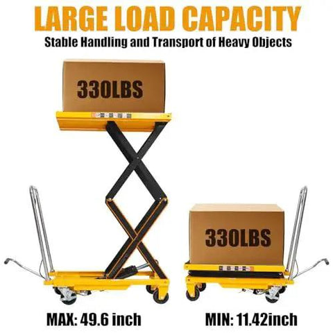 Front and side views of a yellow hydraulic lift table cart with four wheels and double scissor lift, 330 lb capacity
