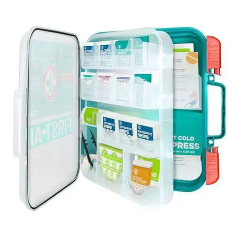 Open teal 326 piece first aid kit for 100 people, OSHA compliant, showing organized medical supplies in a portable case.