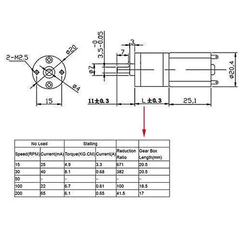 Technical diagram of a 12V DC reversible high reduction electric motor, 20mm outer diameter, used in door openers, toys, machines.