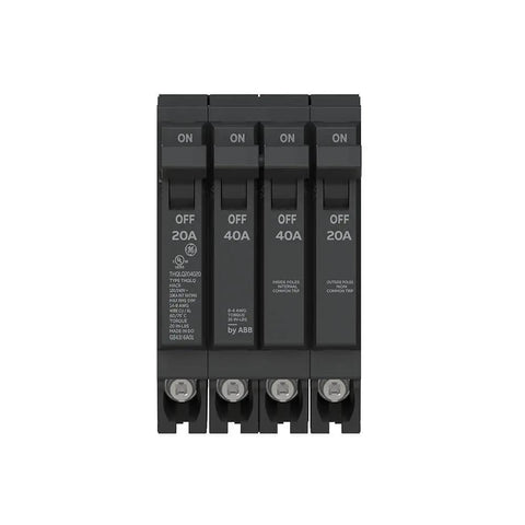 Front view of quad circuit breaker single unit 20A/1P + 40A/2P + 20A/1P, 120/240 VAC, 10 kAIC, plug-in mount