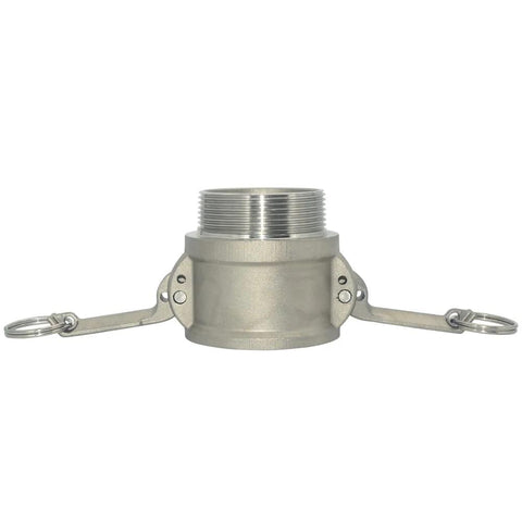Stainless steel 316 trash pump adapter with 2-inch male pipe threads and camlock latch arms with rings