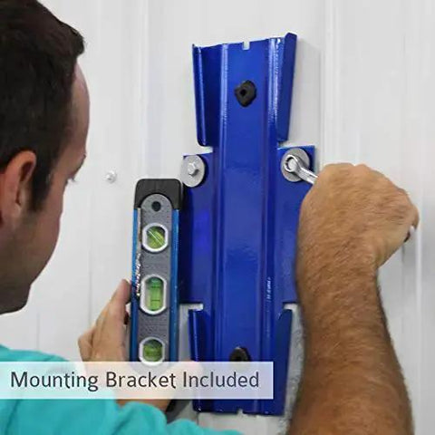 Installation of Pro Wall Mount Garage And Car Vacuum With 50 Ft Hose And Tools bracket on wall by man with level tool