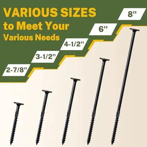 Heavy Duty Structural Wood Lag Screws For Outdoor Decks And Timber Projects in various sizes, shown in a comparison chart.