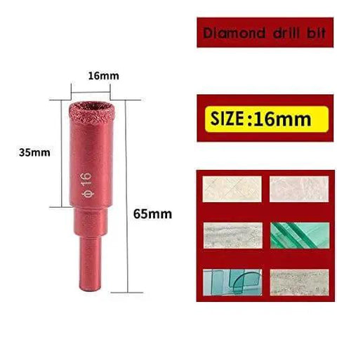 16mm Diamond Drill Bit Brazed Core Hole Saw For Tile Glass Marble Ceramic Porcelain Granite And Rock With Pro Grade Precision For Clean Holes And Perfect Circles product image showing dimensions and usages