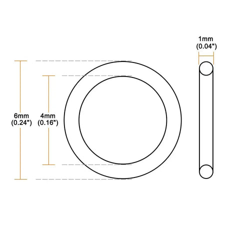 Diagram showing dimensions of Silicone O Ring Set 6mm OD 4mm ID 1mm Width Red VMQ seals gaskets for travel mugs and cup lids.