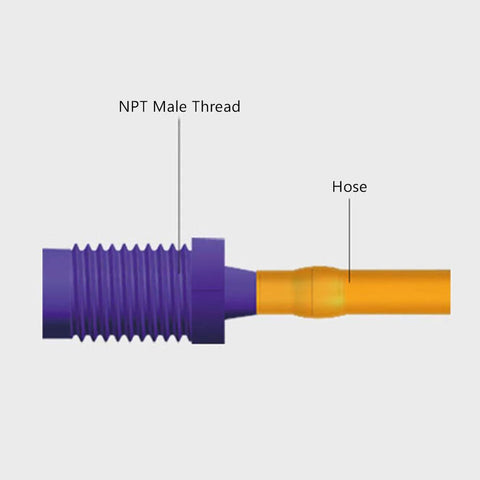 Purple plastic hose barb fitting with 1/4 inch barb and 1/4 NPT male thread, connected to orange hose