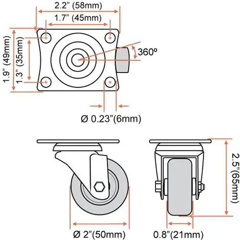 Technical diagram of 12 Pack 2 Inch Swivel Caster Wheels With Plate Mount Ball Bearings Rubber Base, showing dimensions and details.