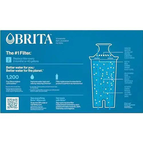 Front view packaging of Brita Pack of 4 Standard Water Filters for Pitchers and Dispensers, BPA Free with product details.