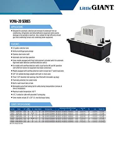 Little Giant VCMA-20ULST condensate pump, 115V, 1/30 HP, 80 GPH, white/black with overflow switch and 20 ft tubing