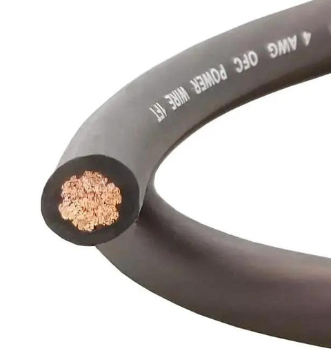 Close-up of a 4 Gauge 100 Percent Oxygen Free Copper OFC Amplifier Wiring Kit cable for car audio installations.