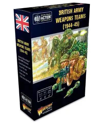 British Army World War II 28mm Bolt Action Weapons Teams Miniatures Set box featuring artwork of WWII soldiers and weapons.