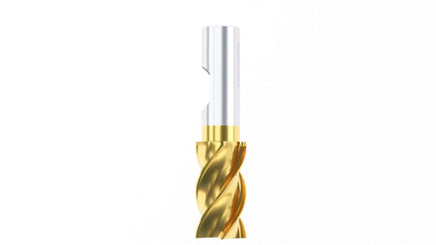 Side view of golden 7/8 Inch End Mill With 3/4 Inch Shank 1-7/8 Inch Flute Length 4-1/8 Inch Overall Length HSS Finishing Tin Coated