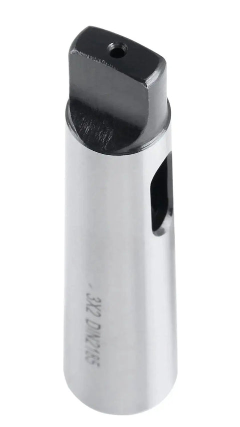 Accusize MT2–MT3 Morse taper sleeve adaptor, silver steel body with black square end and top hole