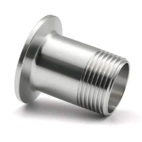 Stainless steel external-thread sleeve pipe fitting with flanged end.