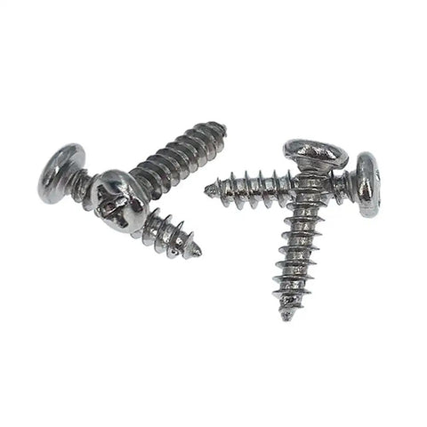 Close-up of four metal screws used in PCB DIN Rail Mount Carrier For 35mm Wide Rails Fits 100mm By 72mm Circuit Boards 1.5-2.0mm Thick Easy Install And Detach Panel Mountable Go-To PCB Holder For Electronics Projects.