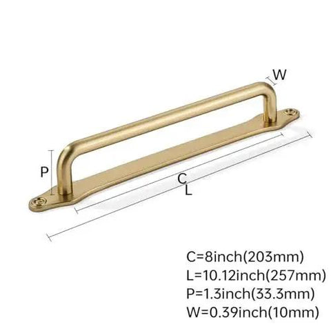 Brushed Brass Cabinet Pulls With Backplates Set Of 5 for 8 Inch Hole Center, 203mm handles, and 1.3 Inch projection, shown on diagram.