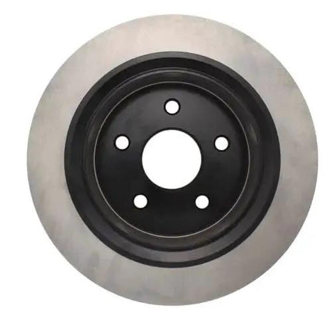Front view of rear brake rotor, silver disc with black central hub.
