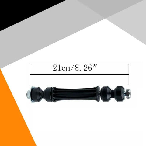Front sway bar end link, black metal with nuts on ends, 21 cm long.