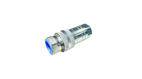 1-inch AG ISO 5675 hydraulic quick-connect Pioneer style coupling, 1 in NPT thread, metal body with blue dust cap