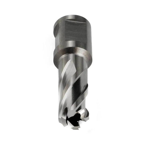 Fast Nine Sixteenths Inch Annular Cutter For Magnetic Drill Press With One Inch Cutting Depth And Three Quarter Inch Weldon Shank Pilot Pin Dual Teeth For Faster Holes In Steel By OSCARBIDE shown from side view