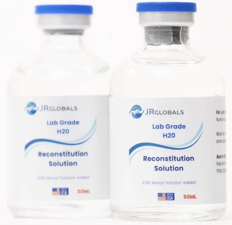 Two JRGlobals Lab Grade H2O Reconstitution Solution vials, 50mL each, clear glass with blue caps, USA label.