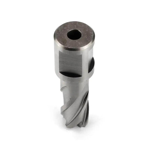 Fast Nine Sixteenths Inch Annular Cutter For Magnetic Drill Press With One Inch Cutting Depth And Three Quarter Inch Weldon Shank Pilot Pin Dual Teeth For Faster Holes In Steel By OSCARBIDE, front view showing dual teeth