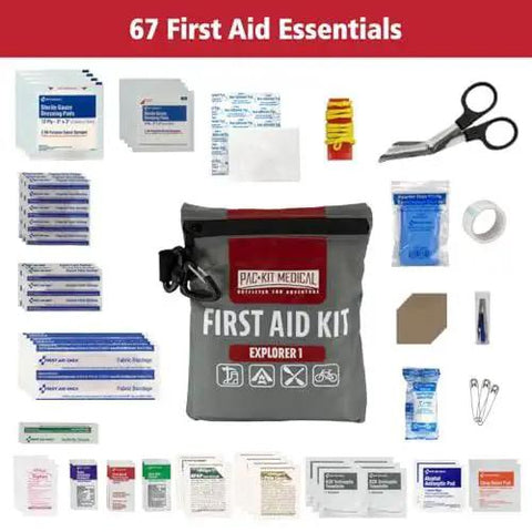 Watertight Explorer 67-Piece Outdoor First Aid Kit for Hiking and Camping product image showing contents and bag