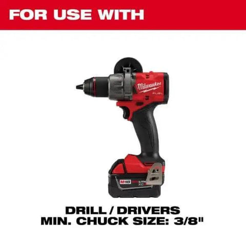 Red and black cordless Milwaukee drill with 3/8 inch chuck size, suitable for Hole Dozer Bi Metal Hole Saw For Metal Cutting Two And A Half Inch Diameter With One And Five Eighths Inch Max Cut Depth General Purpose Use High Speed Steel Teeth Get Clean Cuts Fast Arbor Not Included Milwaukee.