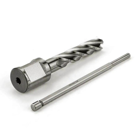 Fast Seven Sixteen Inch HSS Annular Cutter With Two Inch Cutting Depth And Three Quarter Inch Weldon Shank Two Flats Pilot Pin For Magnetic Drill Press Delivers Faster Holes In Steel And Stainless Steel Oscarbide shown with shank and pilot pin.