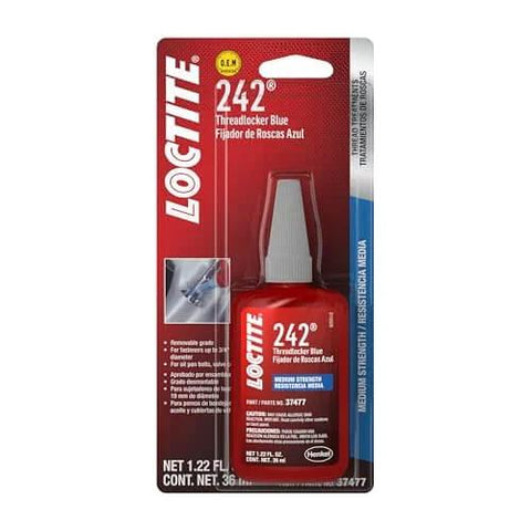 Packaging of Blue 242 Threadlocker, 36 ml bottle, for automotive and metal projects, prevents fasteners from backing out.