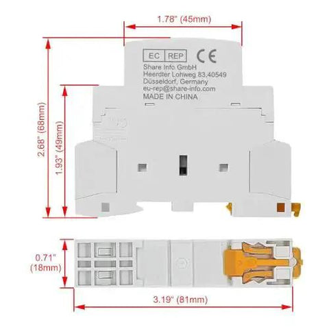 Back view of 2 Pole AC Contactor With 24V DC Coil 25A Load No-Fuss DIN Rail Mount, dimensions in millimeters shown on image