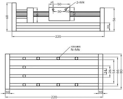 Technical diagram of 100 200 300mm GGP Ball Screw Linear Actuator with Nema 23 Stepper Motor and CNC Linear Guide Slide measurements.